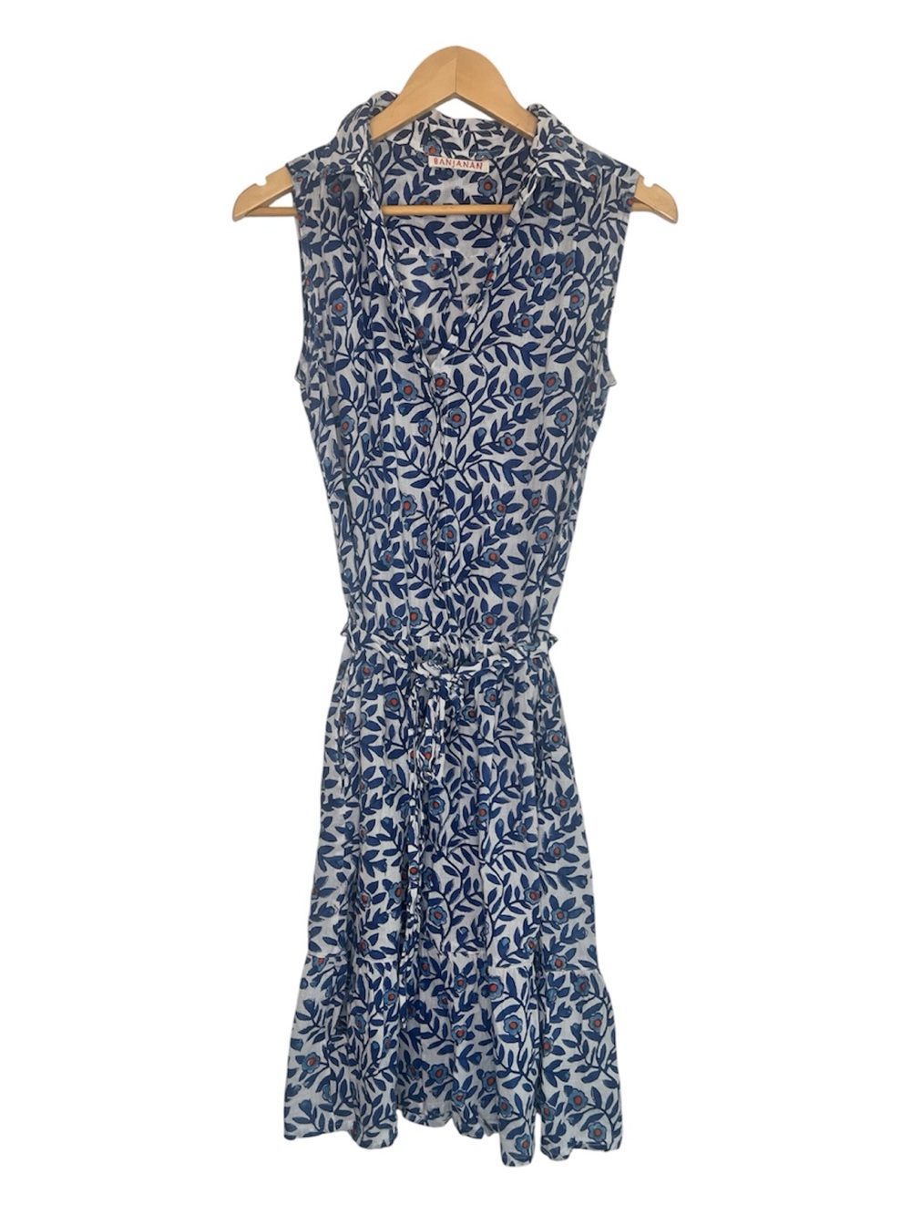 Banjanan Blue & White Floral Block Print Sleeveless Tiered Shirt Dress w/ Belt